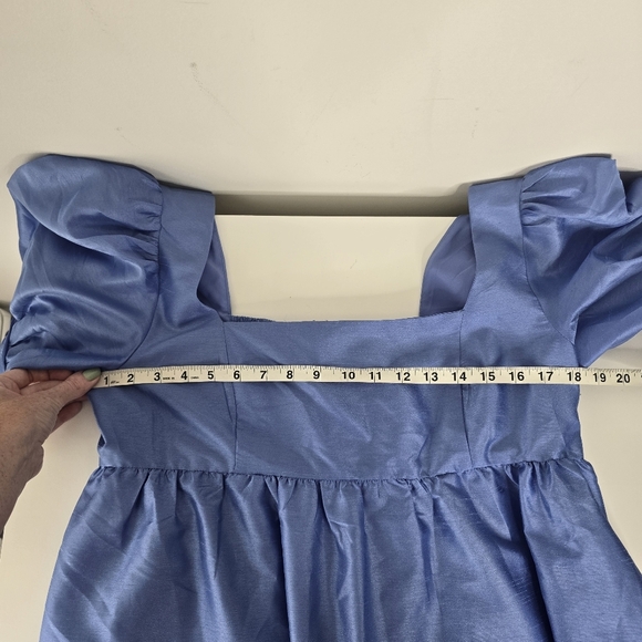 Hutch Puff Sleeve Square Neck Blue Tunic Top Size L Textured Baby Doll Shiny - Picture 9 of 13